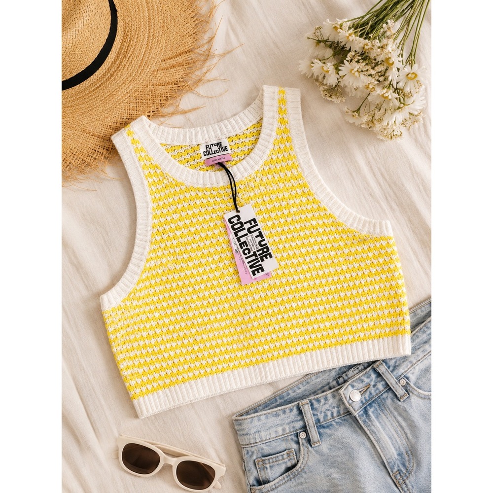 Future Collective Alani Noelle Yellow White Knit Crop Top Sleeveless 2X